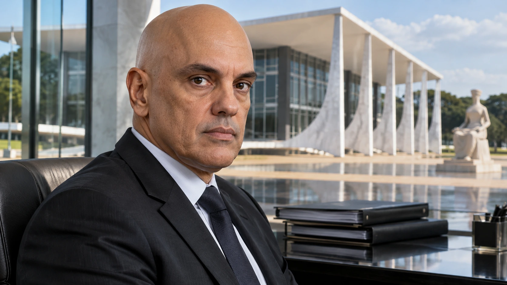 Portrait éditorial d’Alexandre de Moraes devant une évocation du Tribunal suprême fédéral à Brasília.