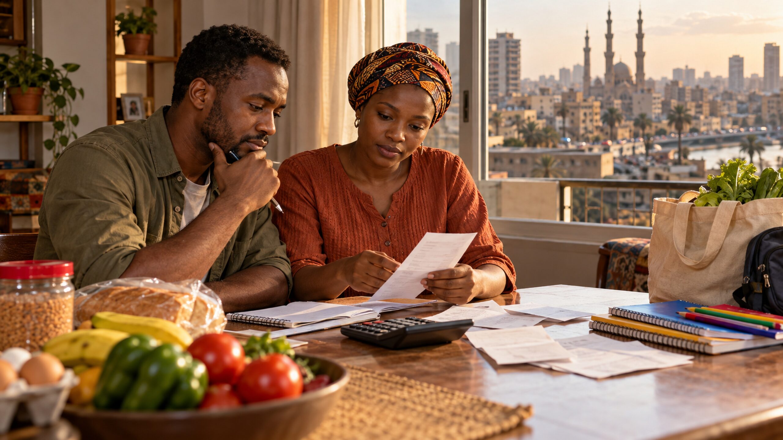 Un couple africain fictif examine son budget domestique dans un appartement du Grand Caire.
