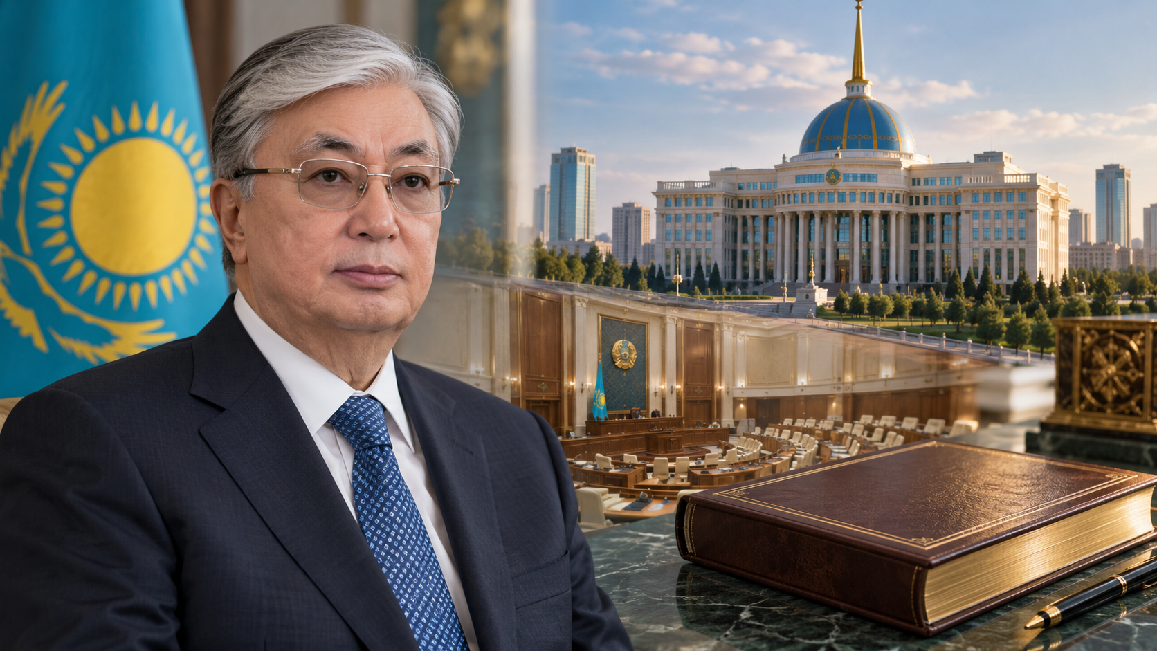 Portrait conceptuel de Kassym-Jomart Tokaïev associé à une évocation des institutions kazakhes.