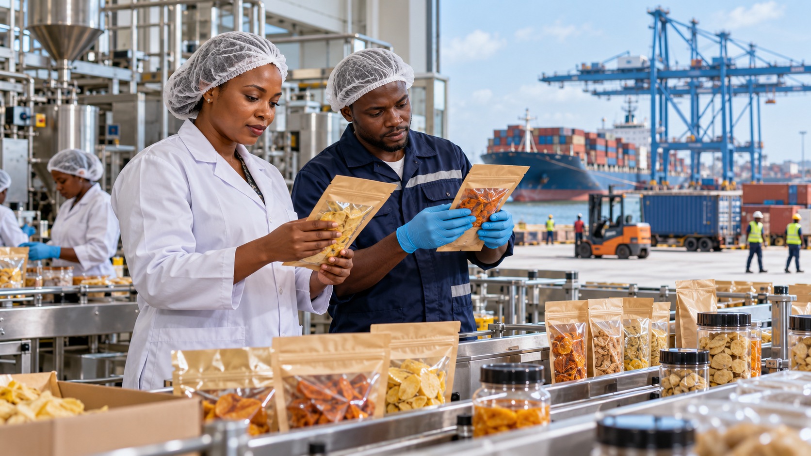 Deux professionnels africains contrôlant des produits alimentaires, associés à un port dans un montage conceptuel.