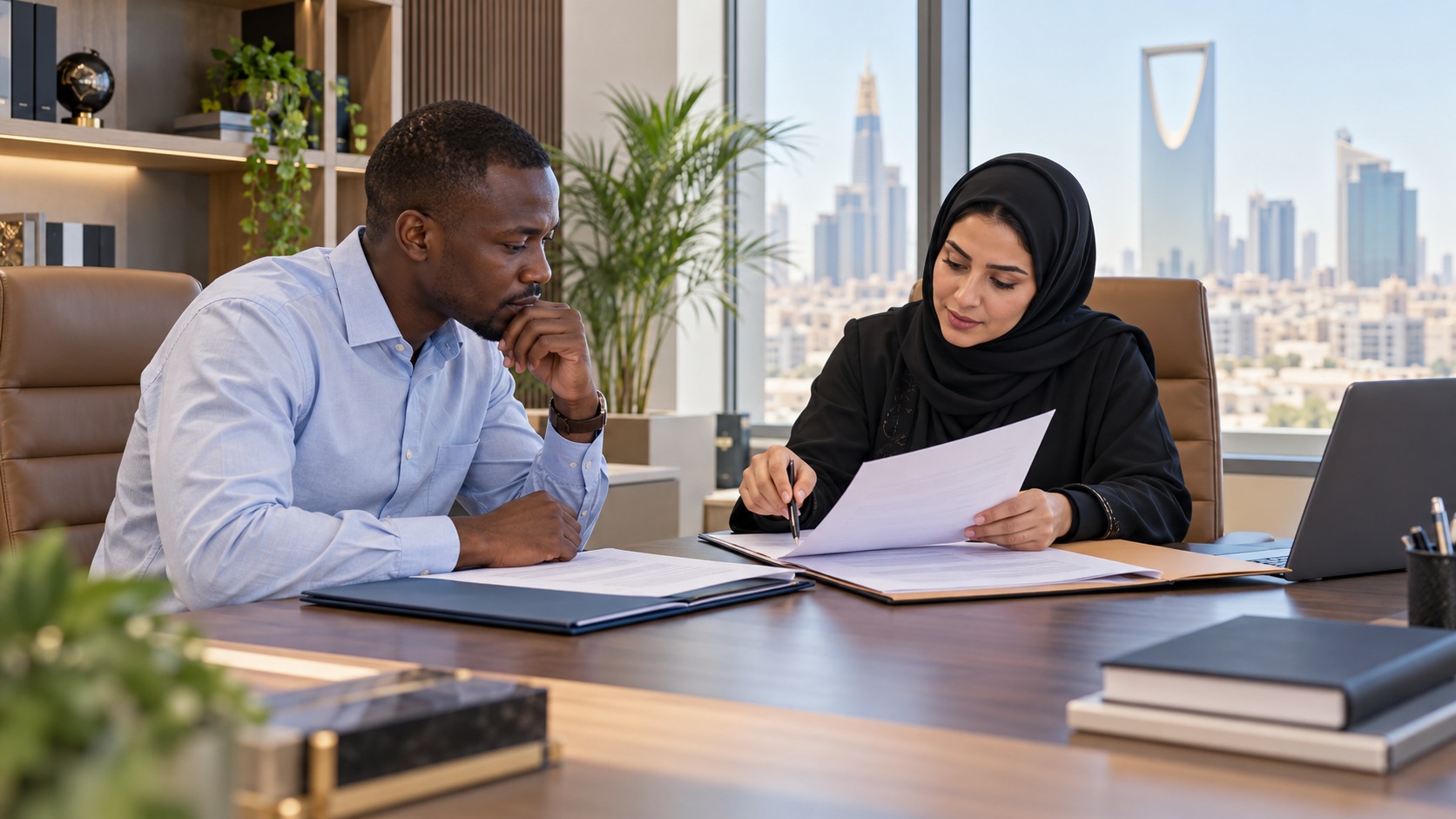 Salarié africain et conseillère examinant des dossiers de travail et de résidence dans un bureau fictif en Arabie saoudite.