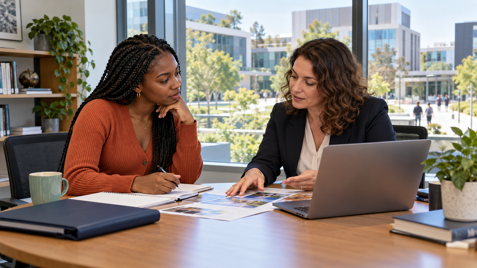 Illustration de synthèse : une étudiante africaine examine son projet d’études avec une conseillère dans un bureau universitaire fictif.