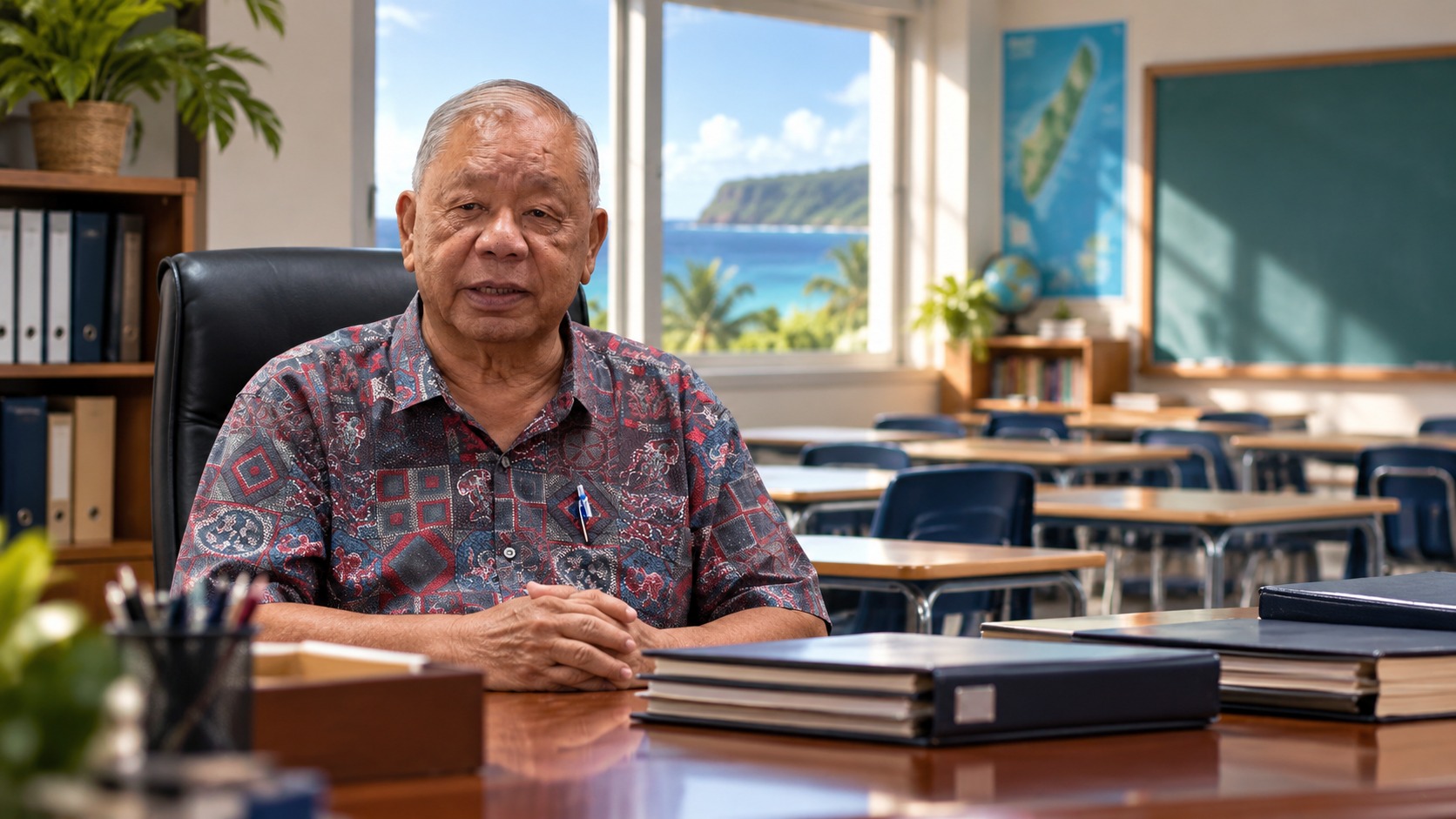 Composition conceptuelle avec un portrait de David M. Apatang, une salle de classe vide et des dossiers administratifs.