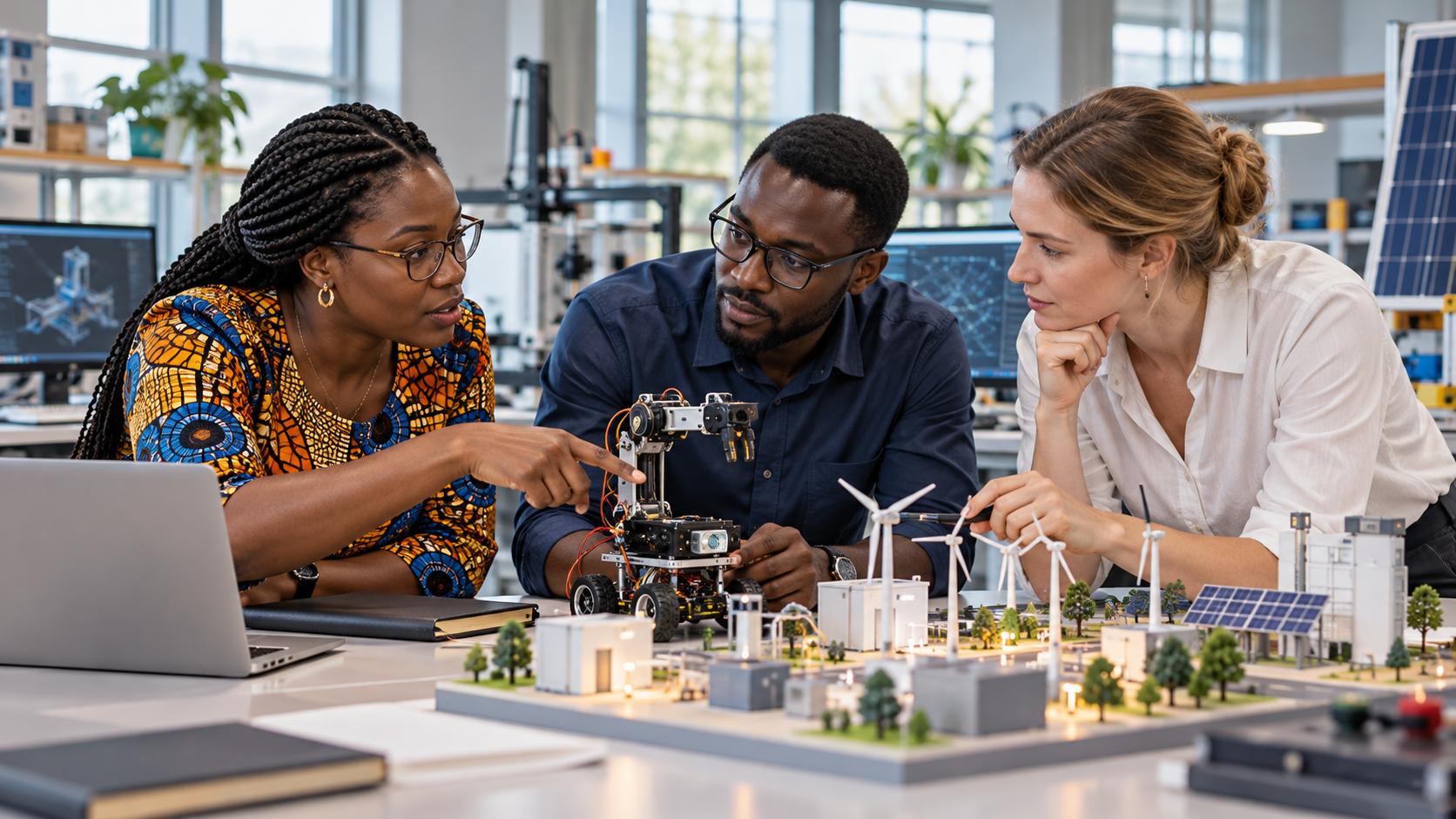Deux spécialistes ouest-africains et une collègue russe travaillent sur des dispositifs pédagogiques de robotique et d’énergie dans un laboratoire fictif.