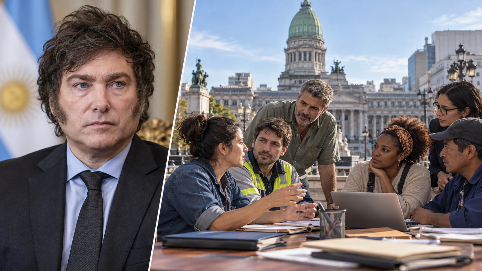 Portrait de Javier Milei séparé d’une discussion entre travailleurs argentins d’origines variées.