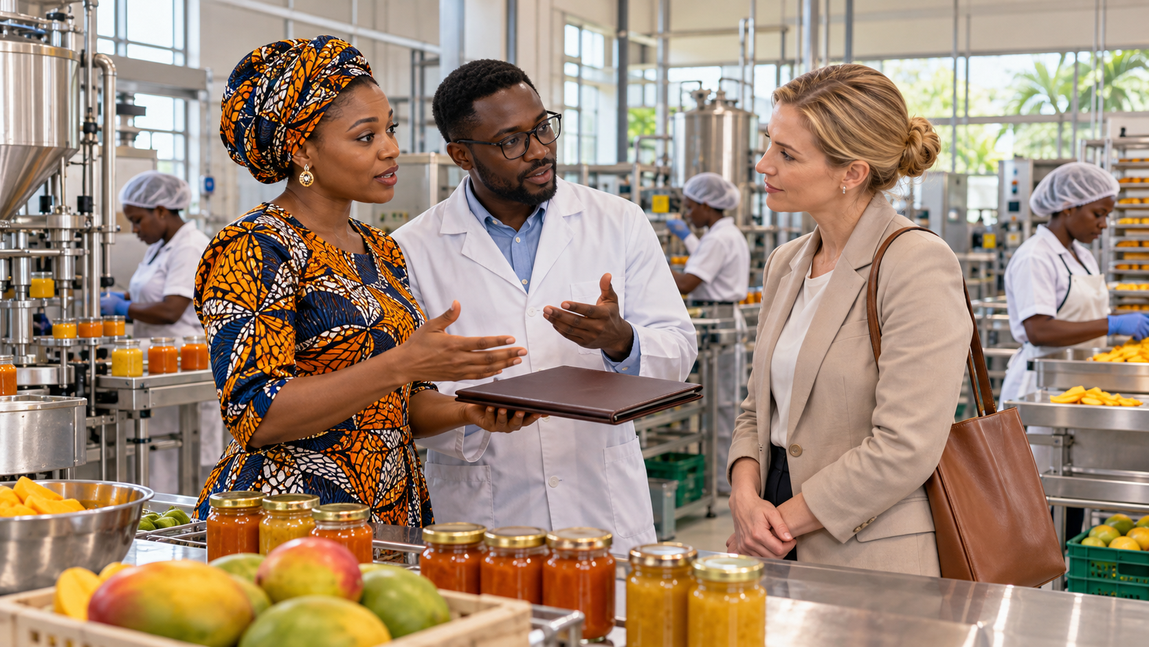 Illustration de synthèse : une entrepreneuse et un ingénieur africains présentent une ligne de transformation alimentaire à une partenaire financière danoise.
