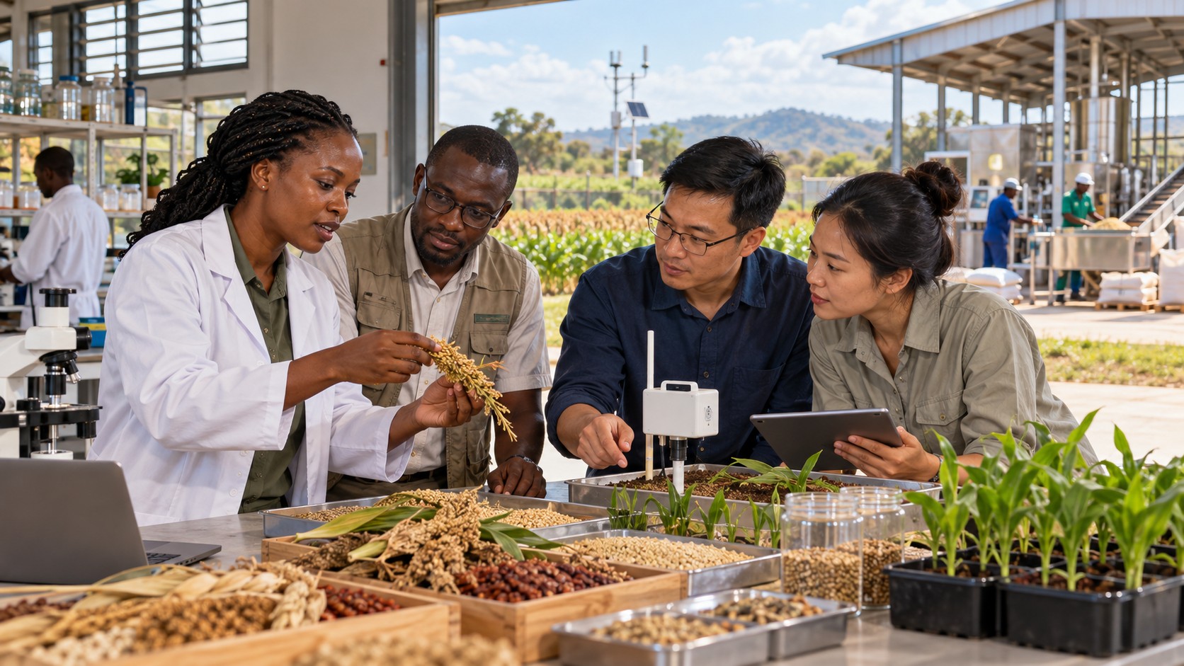 Une agronome africaine dirige un échange avec des spécialistes africains et vietnamiens autour de récoltes et d’un capteur d’irrigation.