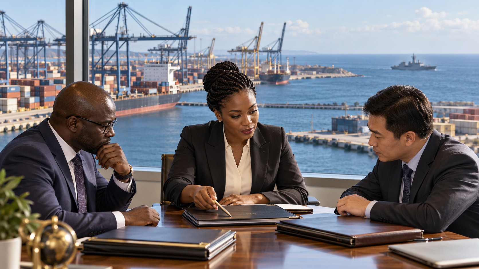 Professionnels africains et chinois examinant des dossiers logistiques, avec un port et un navire éloigné.