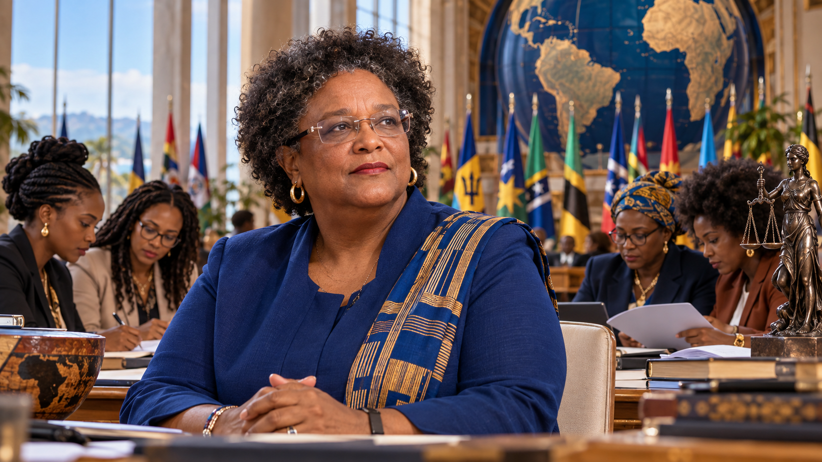 Portrait conceptuel de Mia Mottley devant une assemblée internationale et un groupe de juristes et chercheuses réunies autour de dossiers.