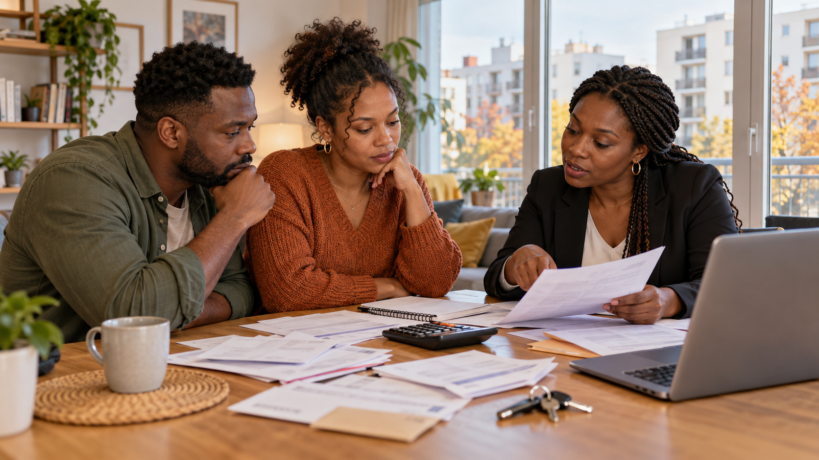 Une famille afrodescendante fictive examine son budget et ses dépenses de logement avec une conseillère sociale.