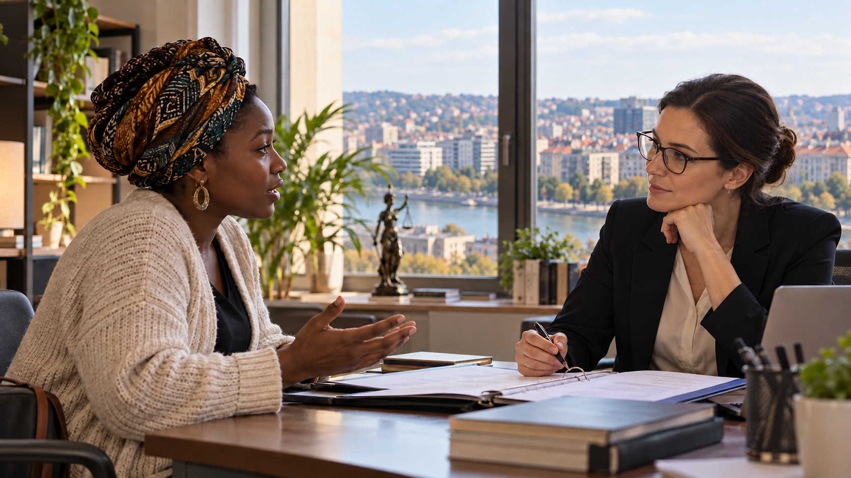 Une femme africaine fictive et une juriste échangent dans une permanence juridique évoquant Budapest.