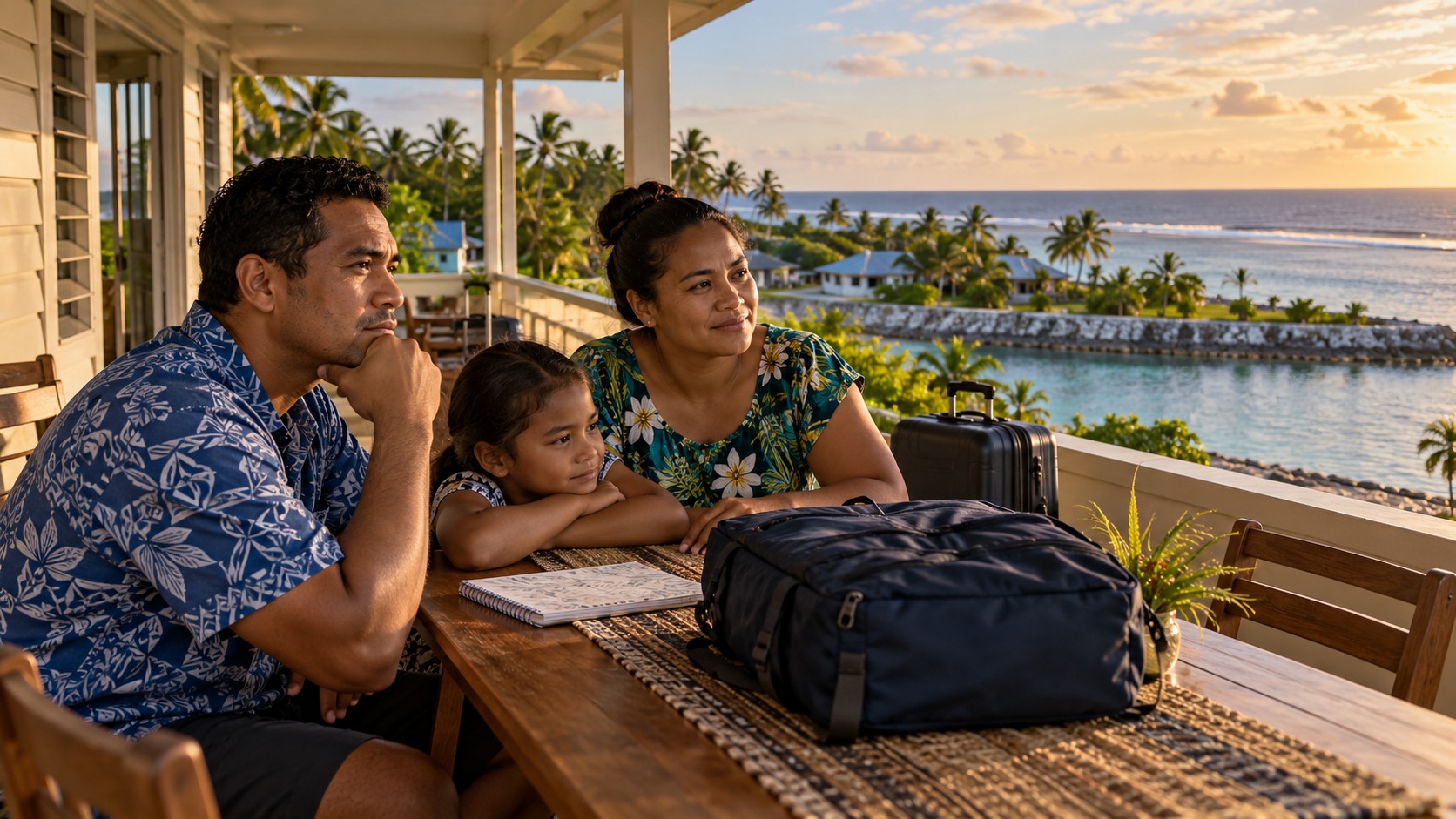 Scène conceptuelle : une famille de Tuvalu réfléchit à son avenir, avec des bagages sur une véranda face au lagon.