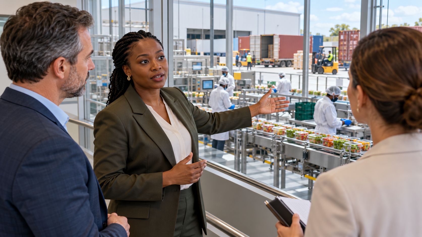 Illustration de synthèse : une dirigeante africaine présente un processus de conditionnement à deux partenaires dans un centre de production fictif.