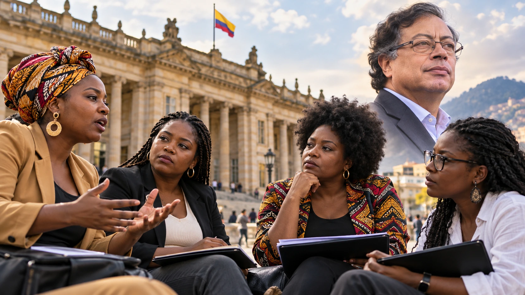 Travailleuses afro-colombiennes en discussion syndicale, avec une évocation du Capitole de Bogotá et un portrait distinct de Gustavo Petro.