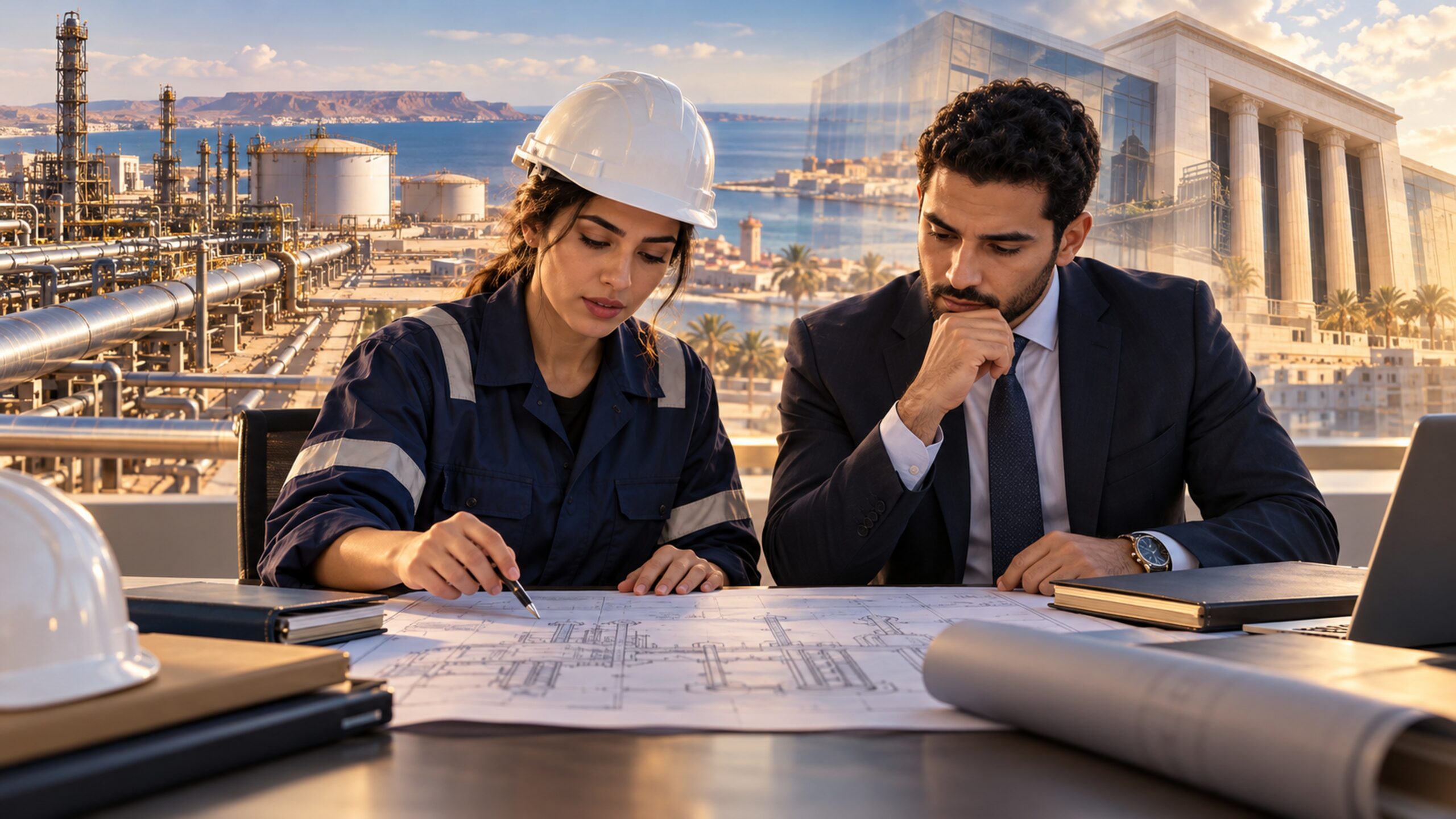 Une ingénieure pétrolière et un analyste financier libyens fictifs étudient des dossiers devant une évocation d’infrastructures pétrolières et bancaires.