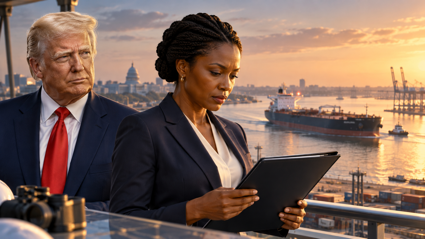 Montage éditorial conceptuel de Donald Trump, du Capitole et d’une professionnelle africaine fictive devant un terminal maritime et un pétrolier.