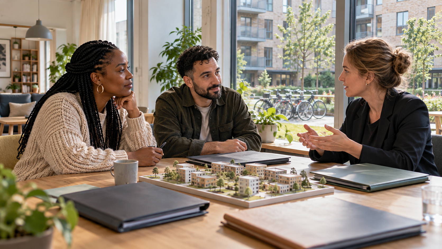 Illustration de synthèse : des habitants échangent avec une conseillère en droit dans un ensemble de logements sociaux danois fictif.