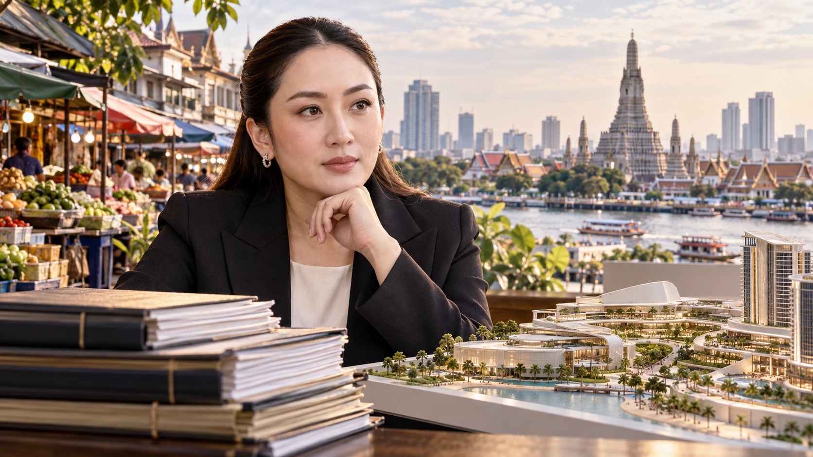 Portrait éditorial de Paetongtarn Shinawatra associé à un marché thaïlandais, des dossiers budgétaires et une maquette touristique.