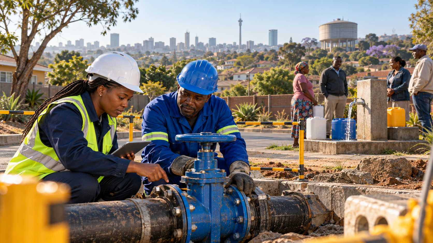 Scène fictive de maintenance de canalisations et de distribution d’eau à Johannesburg.
