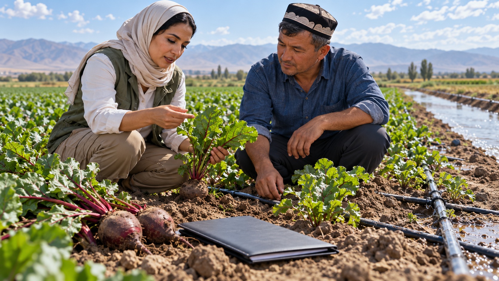 Agronome égyptienne et exploitant ouzbek examinant des cultures dans une exploitation fictive.