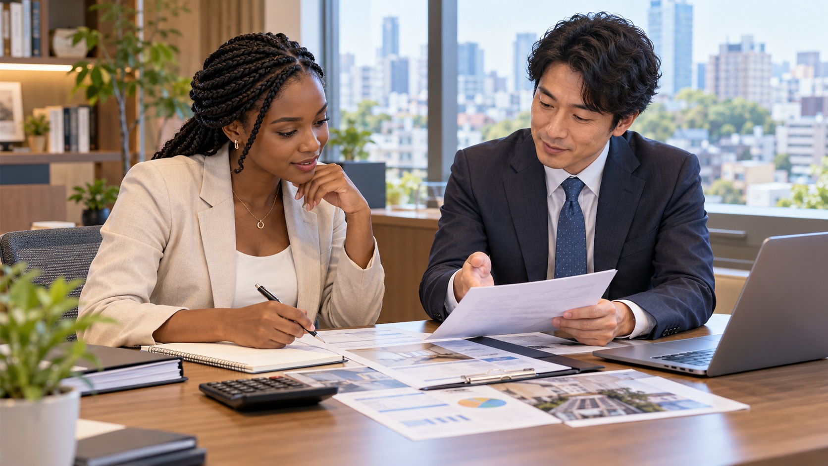 Professionnelle africaine et conseiller japonais étudiant un dossier dans un espace fictif.