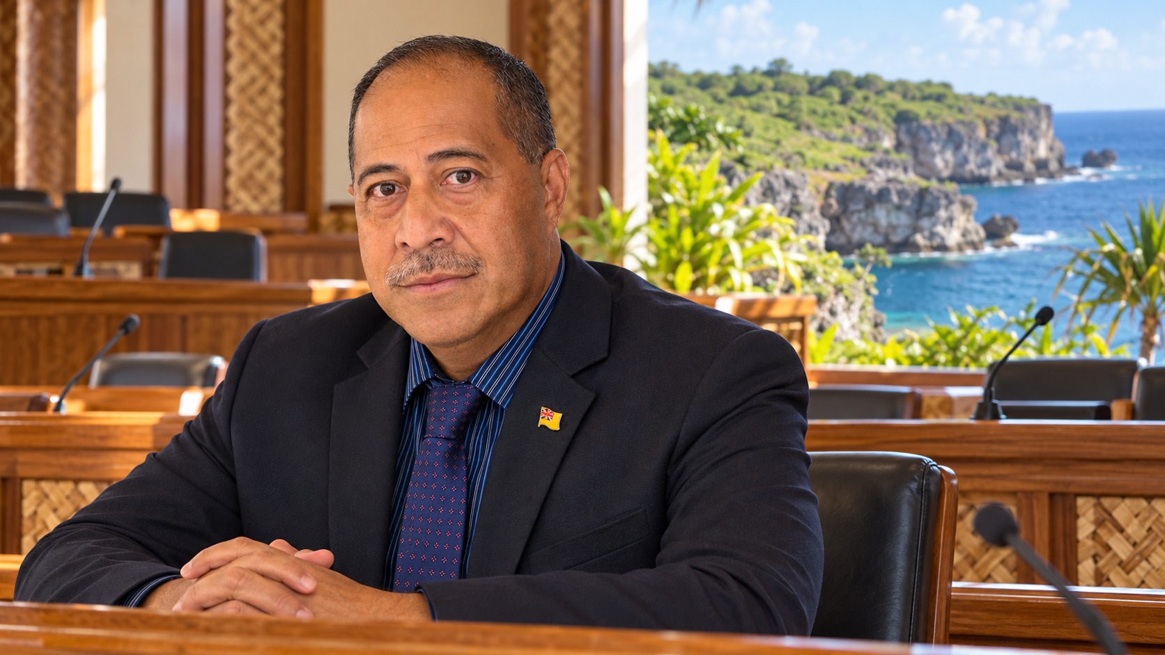 Portrait conceptuel de Dalton Tagelagi dans une petite assemblée, avec la côte rocheuse de Niue en arrière-plan.