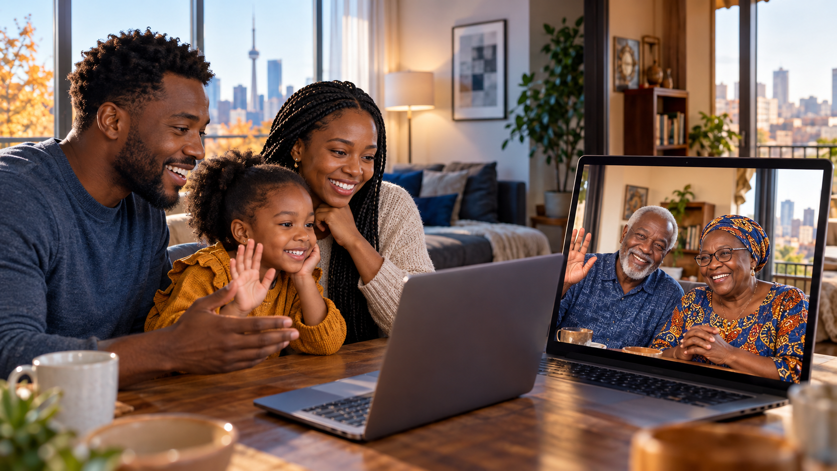 Illustration conceptuelle d’une famille noire fictive réunie par appel vidéo entre un logement au Canada et un intérieur familial en Afrique.