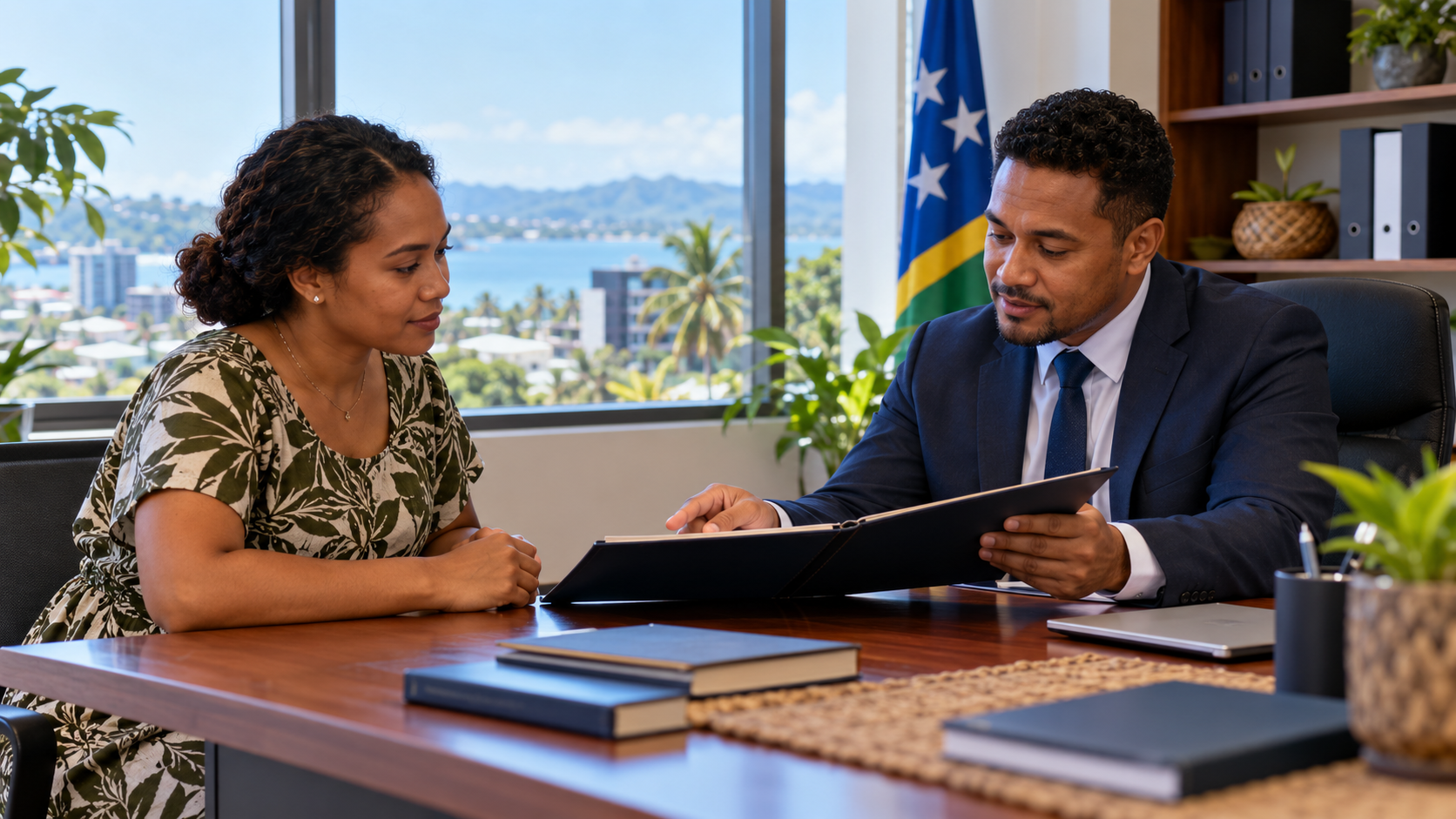 Une femme examine un dossier de citoyenneté avec un conseiller aux Îles Salomon, dans une scène fictive.