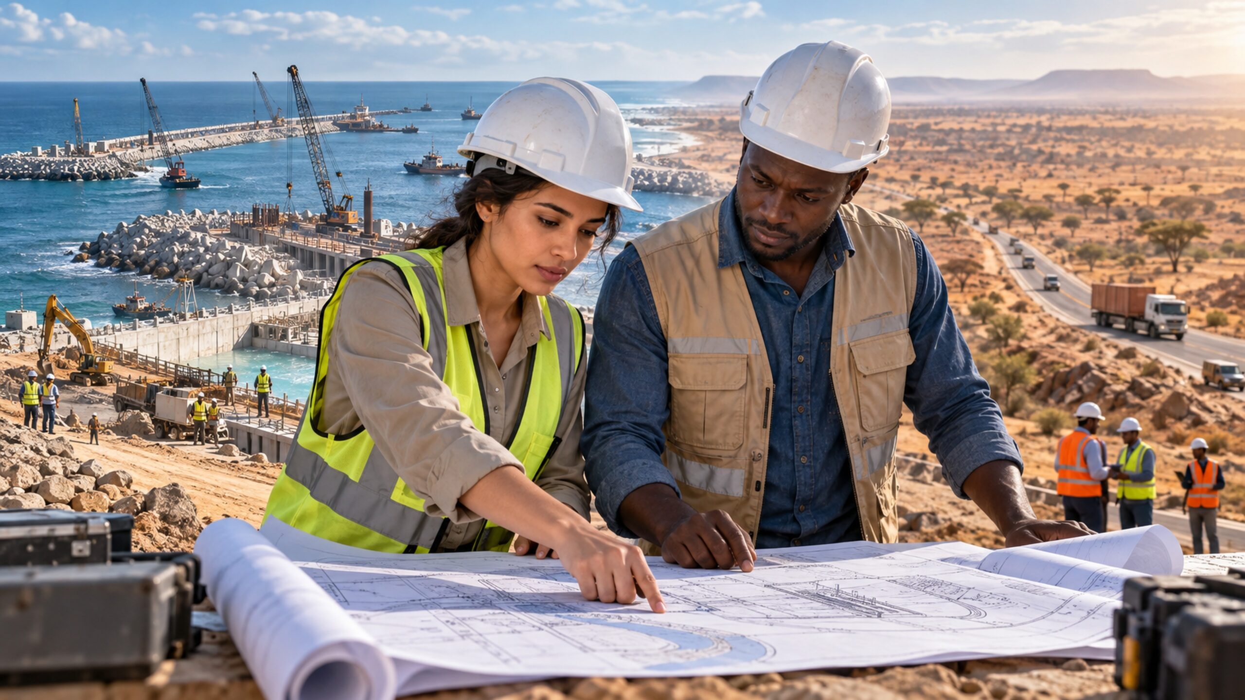 Des professionnels africains de la logistique travaillent dans une évocation de chantier portuaire et de routes sahéliennes.