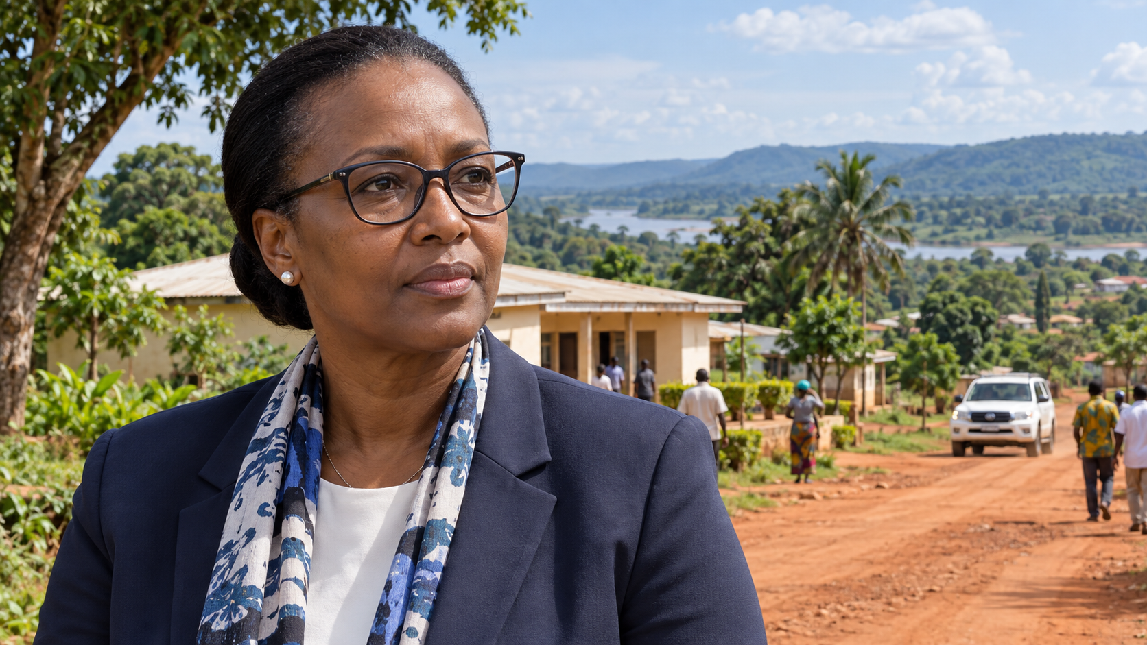 Illustration de synthèse : portrait de Valentine Rugwabiza associé à un paysage et à des services administratifs centrafricains.