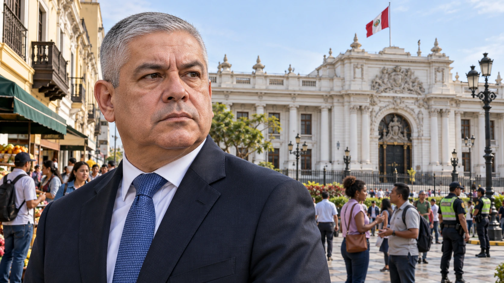 Portrait de Luis Galarreta, évocation du Congrès à Lima et scène fictive de vie urbaine.