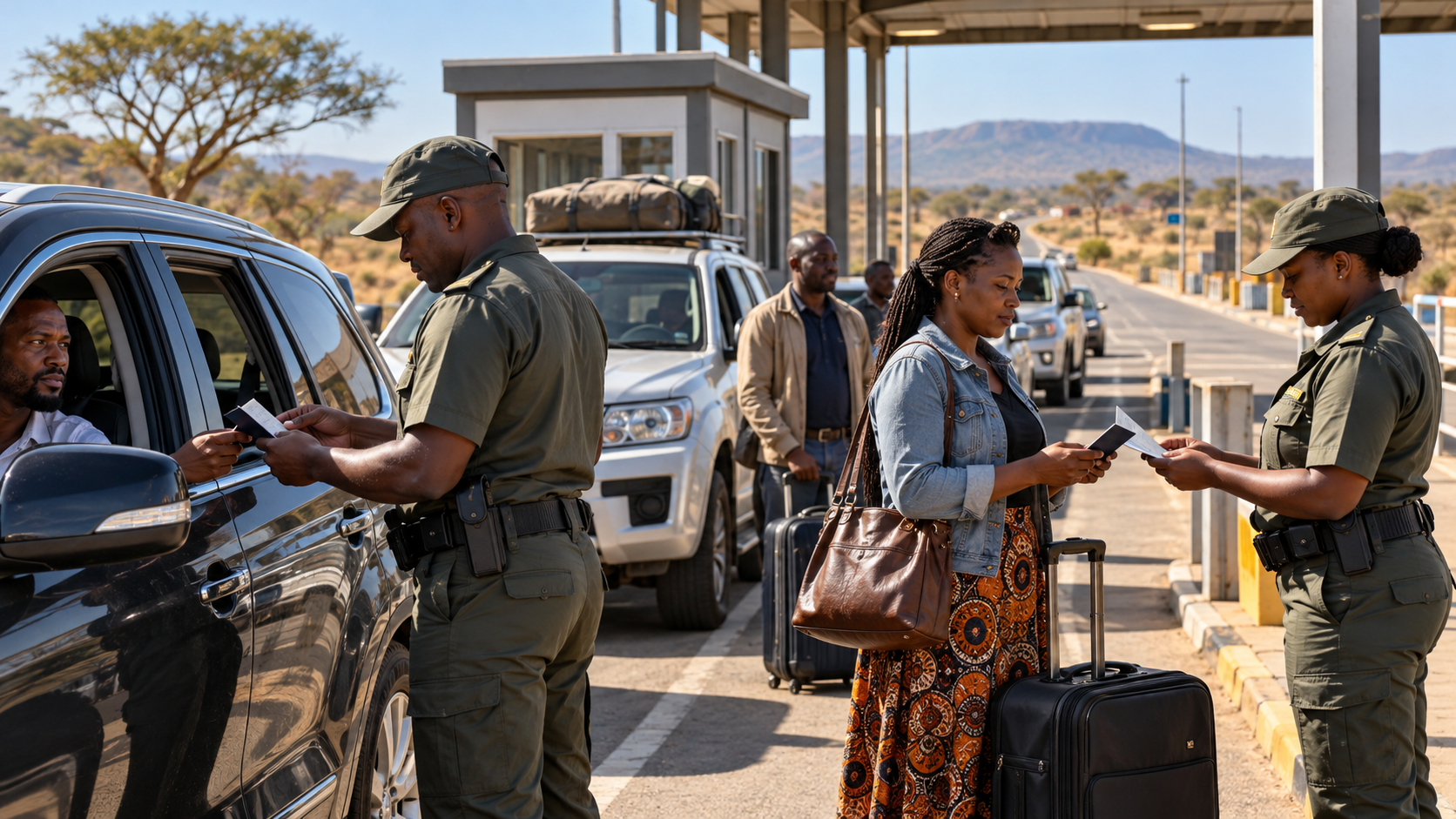 Scène fictive de contrôle de documents de voyageurs adultes à un poste frontalier du Limpopo.