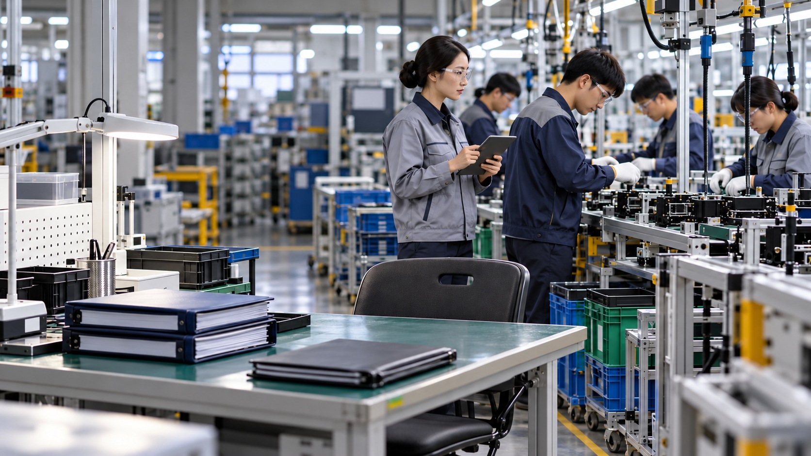 Équipe asiatique au travail dans un atelier industriel fictif, avec un poste momentanément inoccupé.