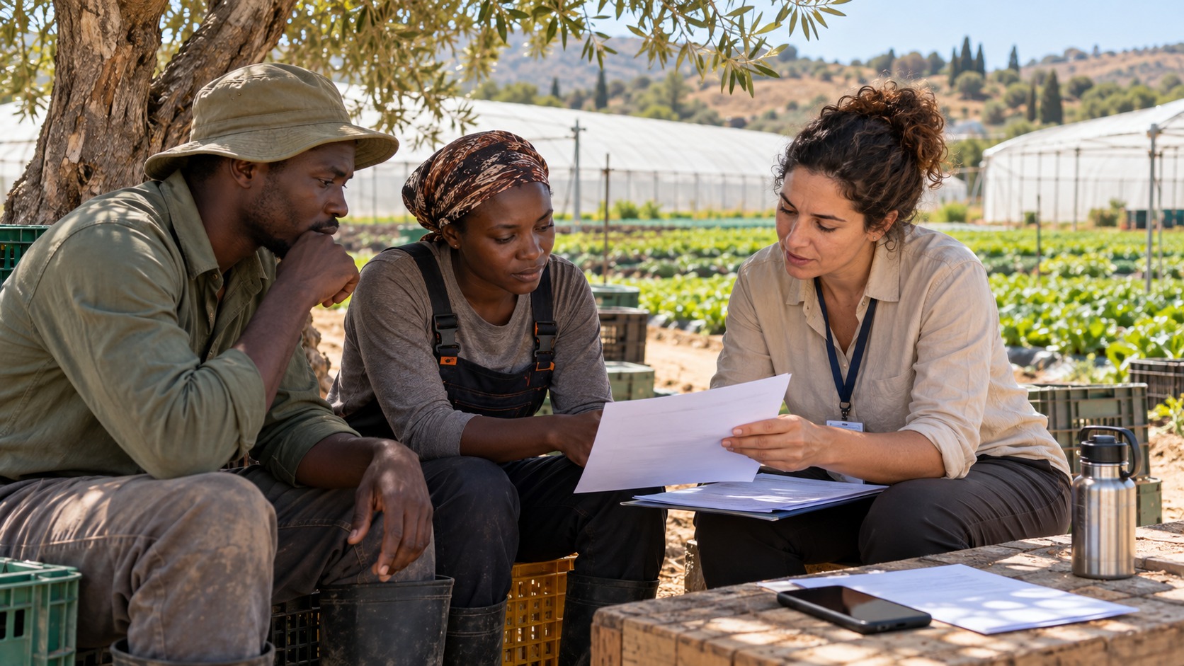 Travailleurs agricoles africains vérifiant un contrat et un relevé de paiement pendant une pause dans une exploitation fictive.