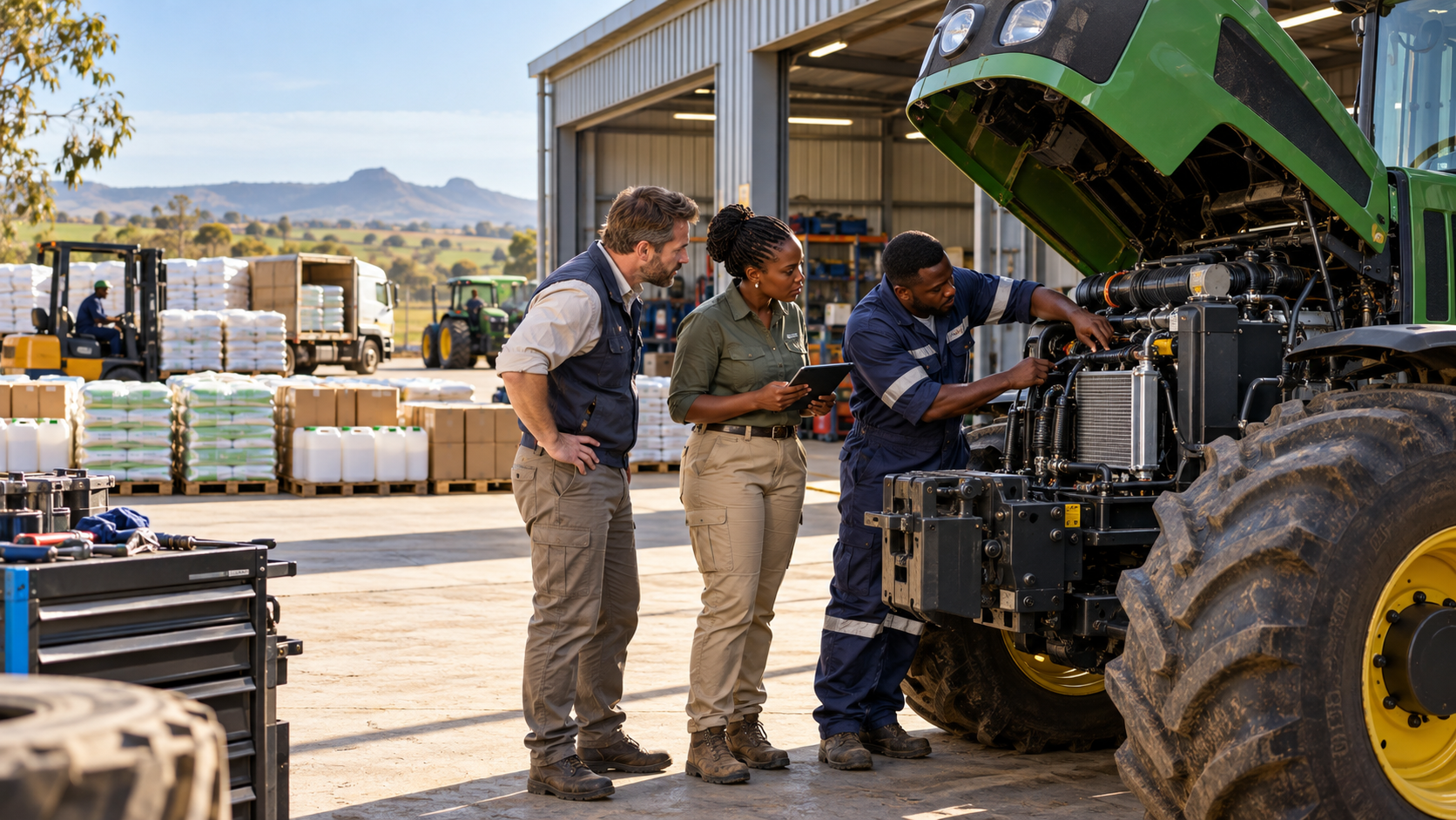 Des professionnels africains et un technicien européen examinent un tracteur sans marque dans un centre agricole fictif.