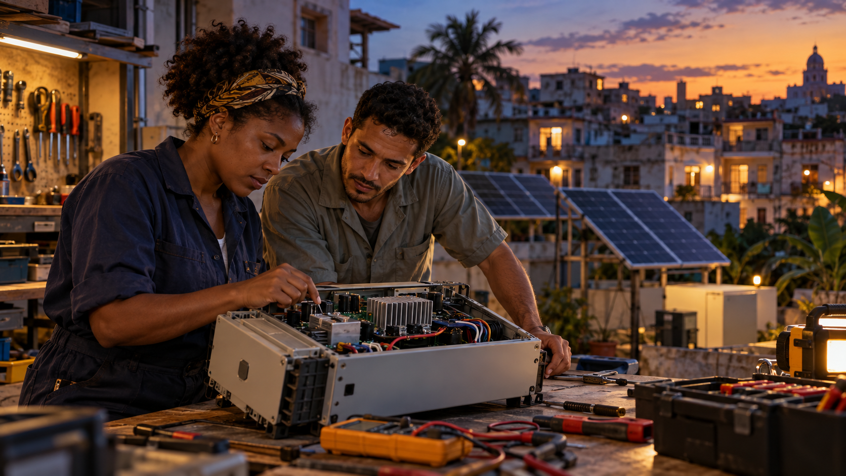 Scène fictive à Cuba : une technicienne et son collègue examinent un module de commande solaire, avec des panneaux photovoltaïques en arrière-plan.