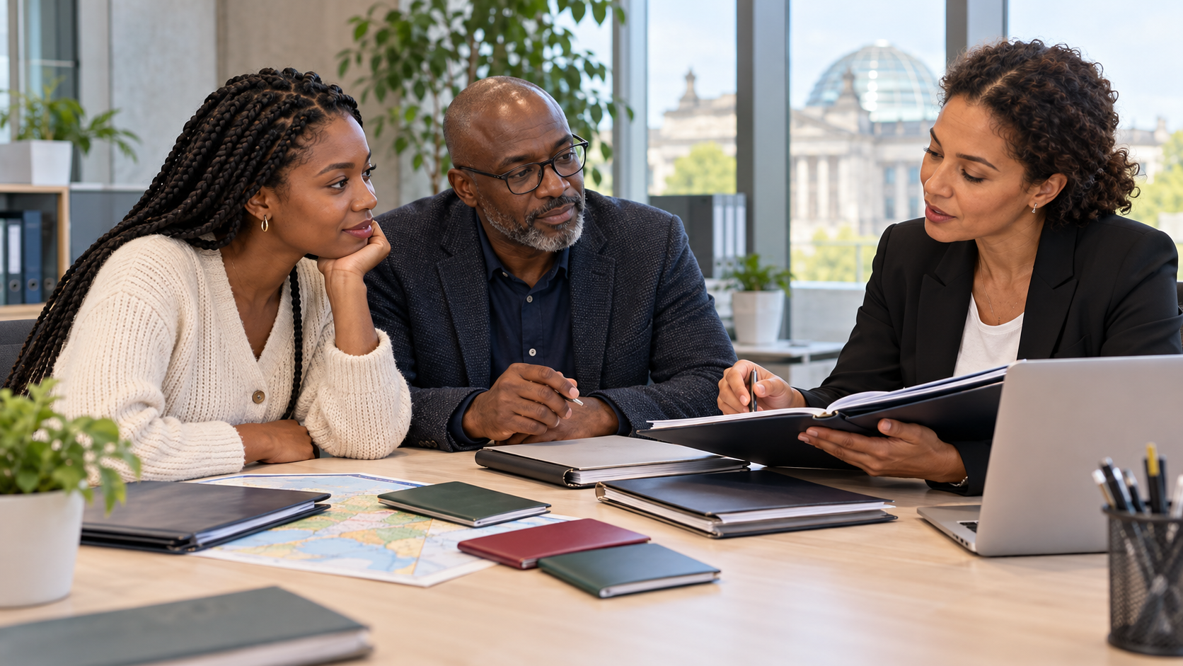 Deux adultes afrodescendants fictifs consultent une conseillère dans un espace municipal allemand.