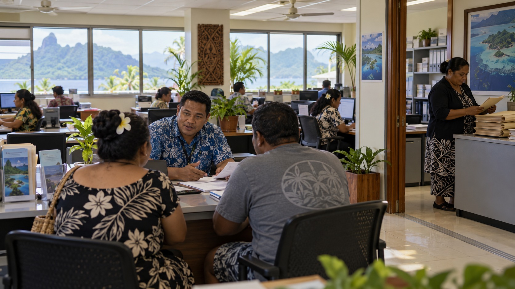 Scène fictive à Pohnpei : des agents accueillent des usagers et examinent des dossiers administratifs.