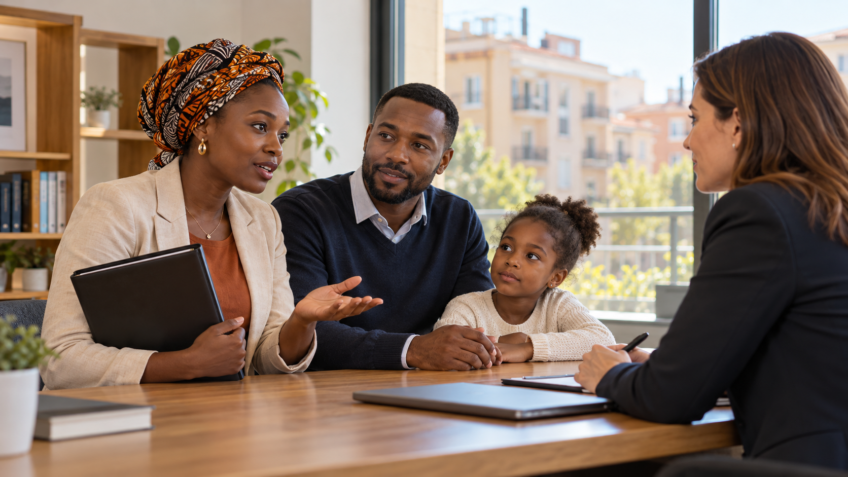 Scène fictive : une famille échange avec une juriste autour d’une table dans un bureau de conseil.