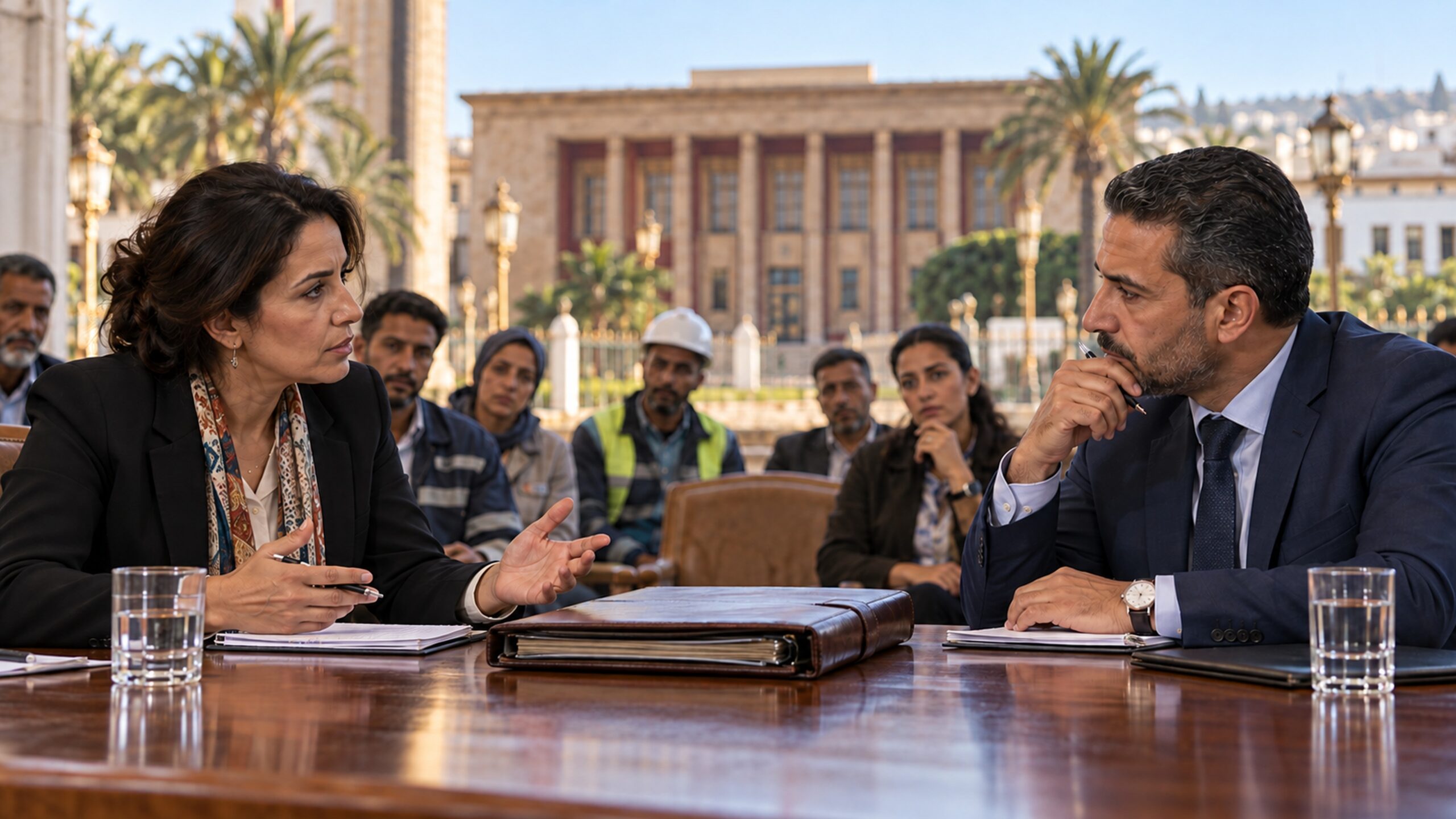 Deux représentants sociaux fictifs discutent d’un dossier juridique dans un espace institutionnel évoquant Rabat.
