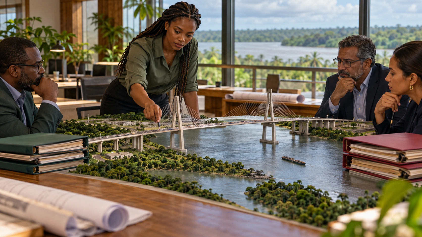 Ingénieure afrodescendante examinant une maquette de pont transfrontalier dans une scène fictive de travail.