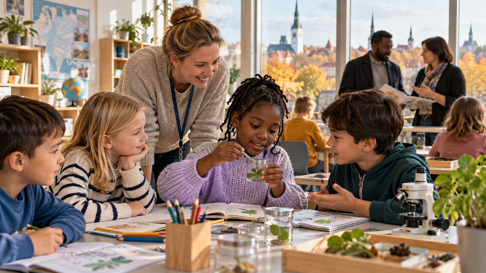 Illustration de synthèse : des enfants coopèrent autour d’une activité scientifique dans une classe fictive évoquant Tallinn.