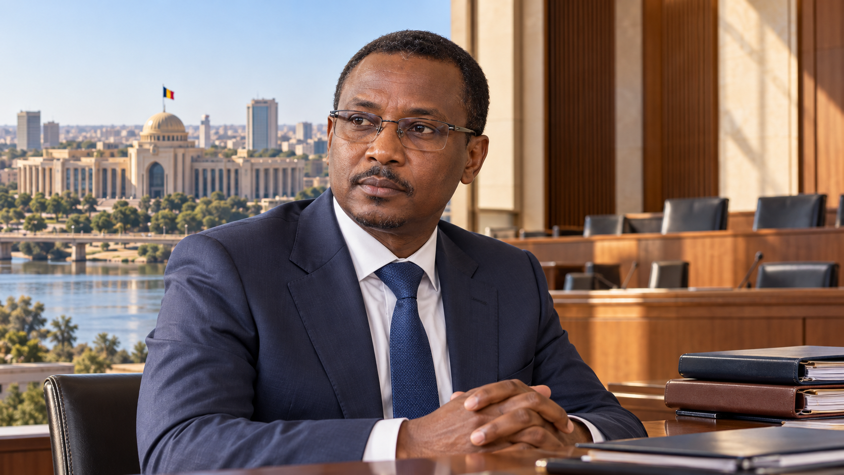 Illustration de synthèse : portrait de Gassim Chérif Mahamat associé à des dossiers juridiques et à une salle d’audience vide.
