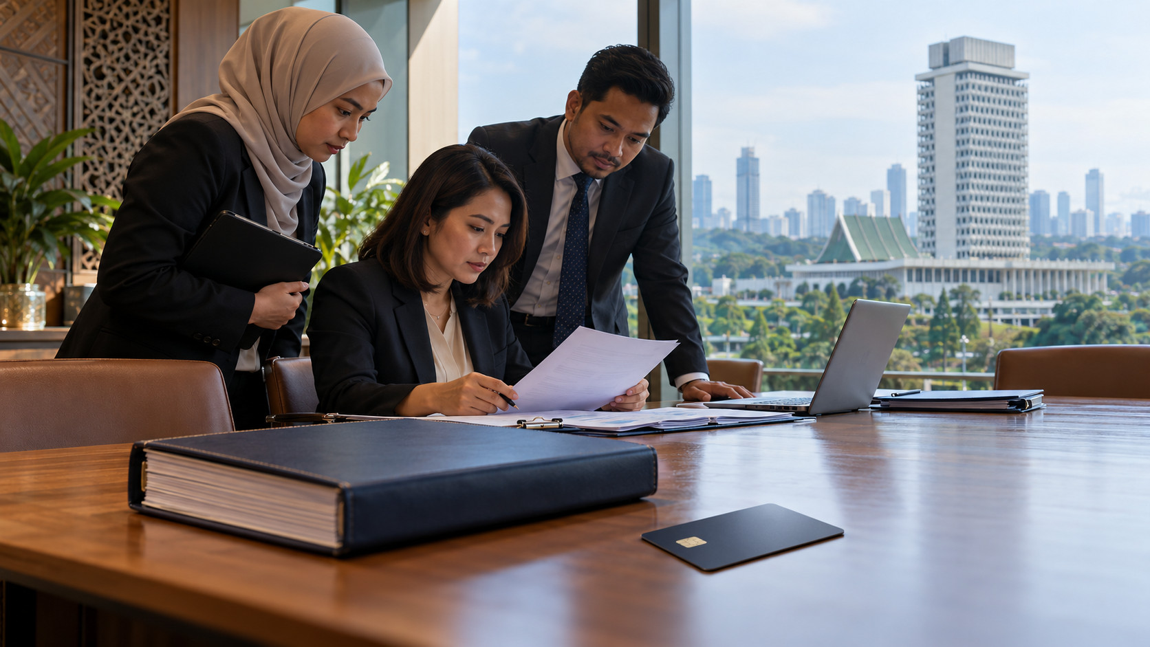 Une analyste budgétaire et deux collaborateurs fictifs étudient des dossiers dans un bureau malaisien, avec une carte électronique neutre au premier plan.