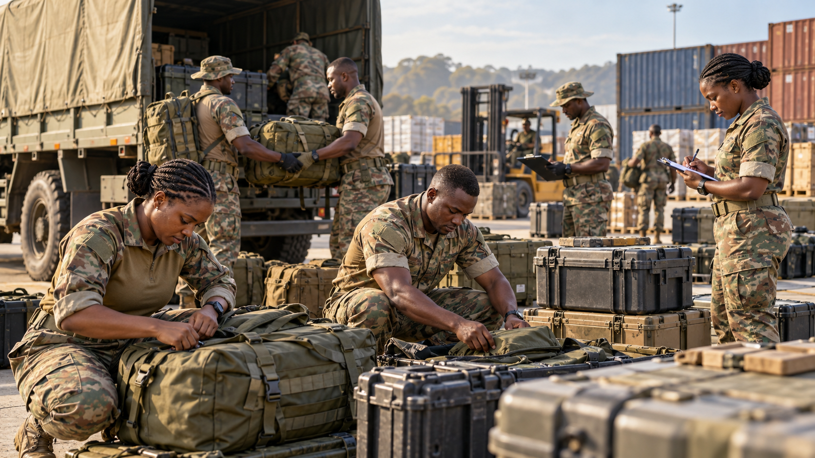 Scène fictive de préparation logistique du retour d’un contingent sud-africain.
