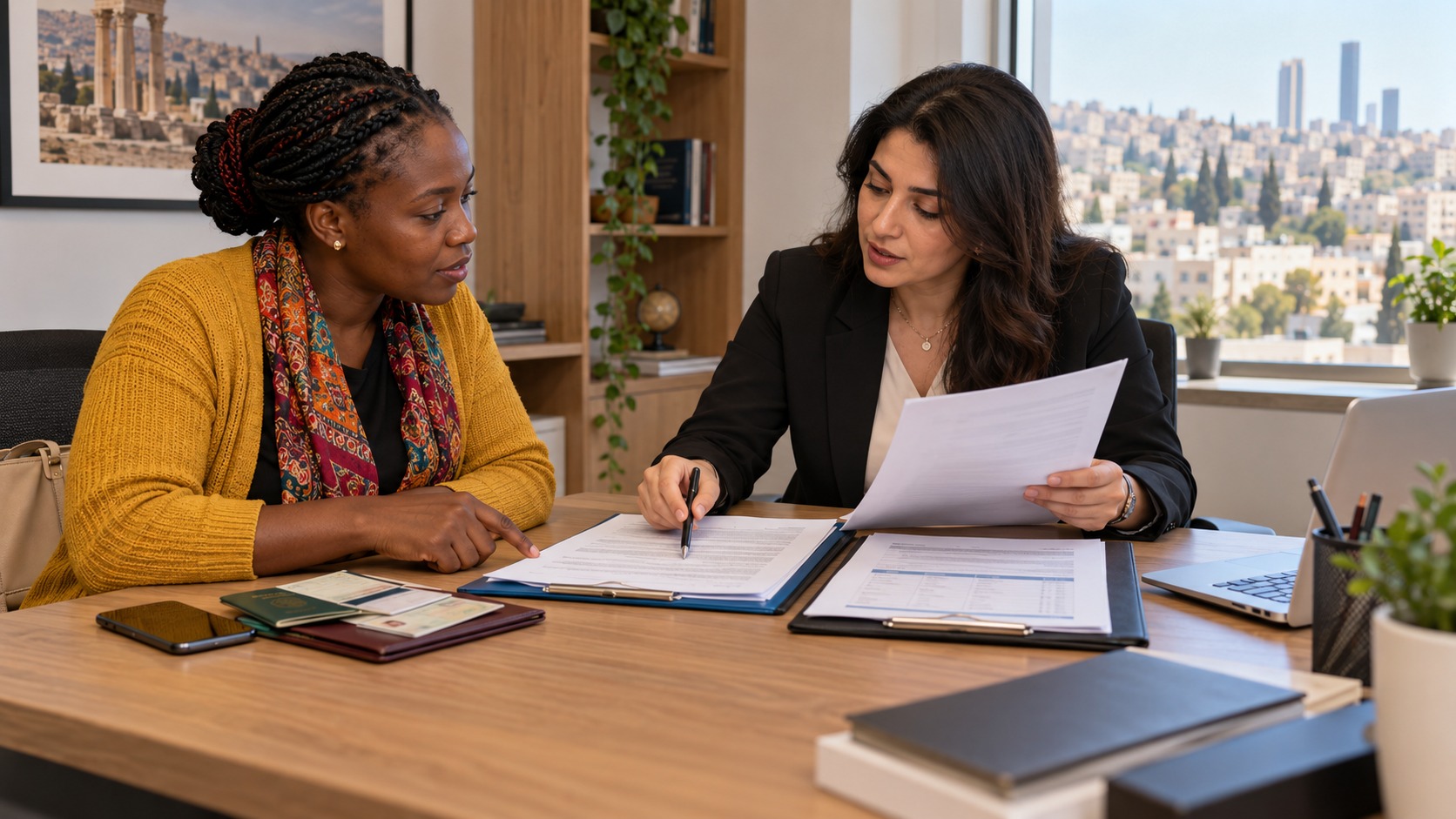 Travailleuse domestique africaine et conseillère distinguant le dossier administratif du contrat et des paiements à Amman.