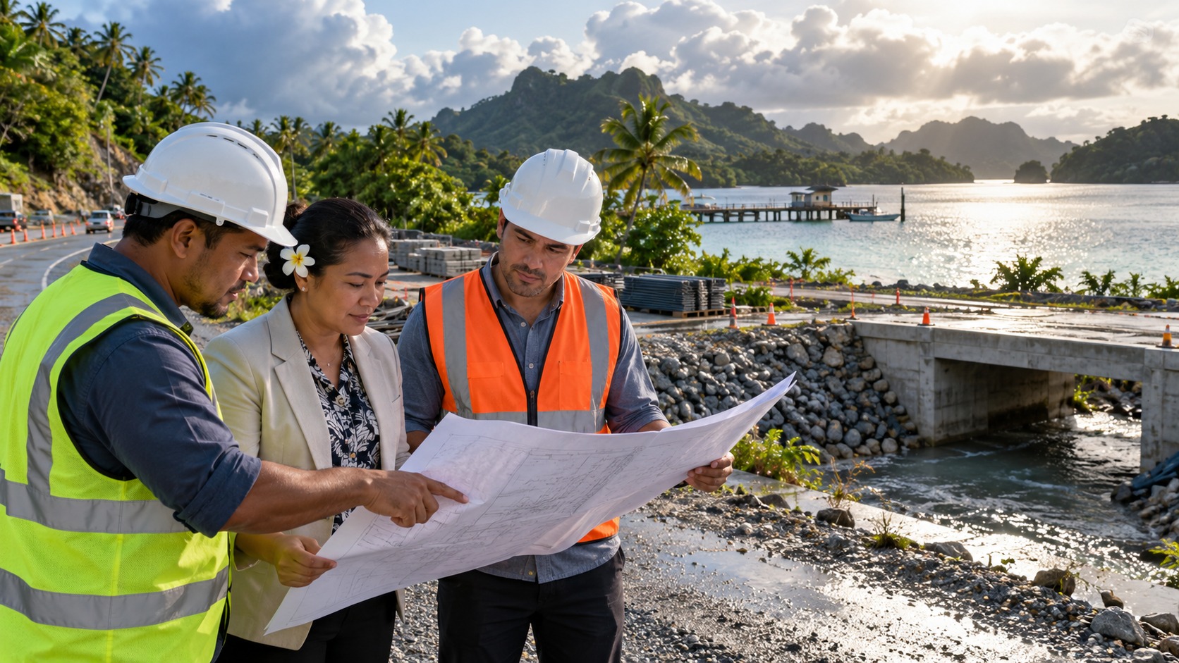 Scène fictive à Chuuk : des ingénieurs et une responsable territoriale examinent un plan près d’un ouvrage routier.