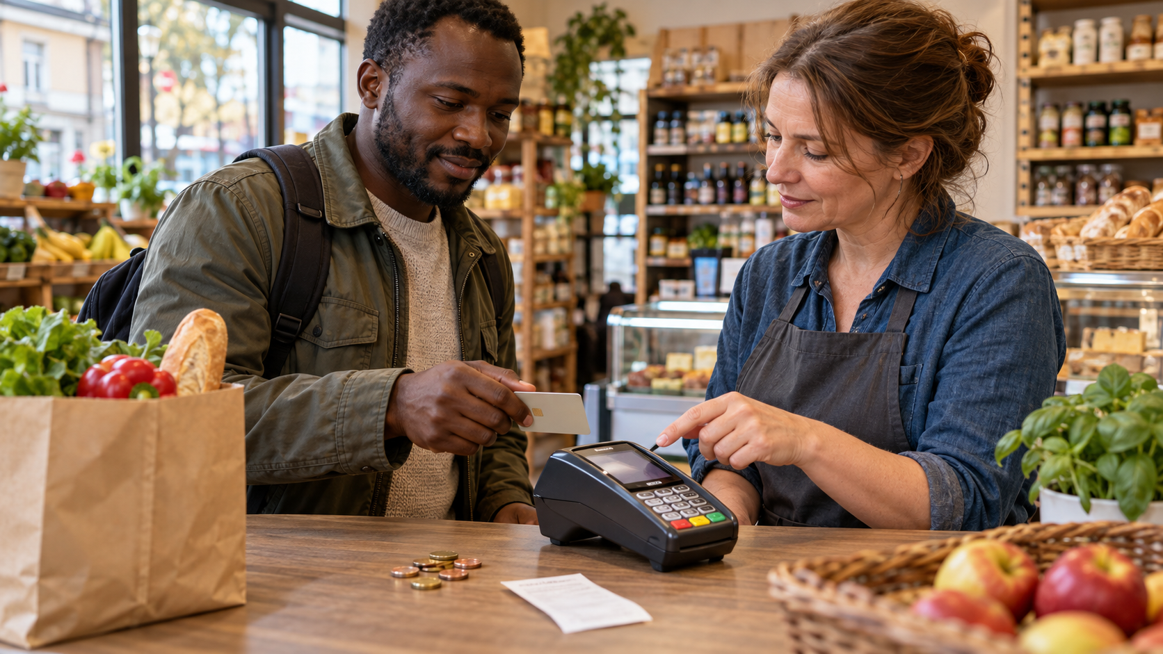 Un client africain fictif et une commerçante échangent autour d’une carte de paiement neutre et d’un terminal.