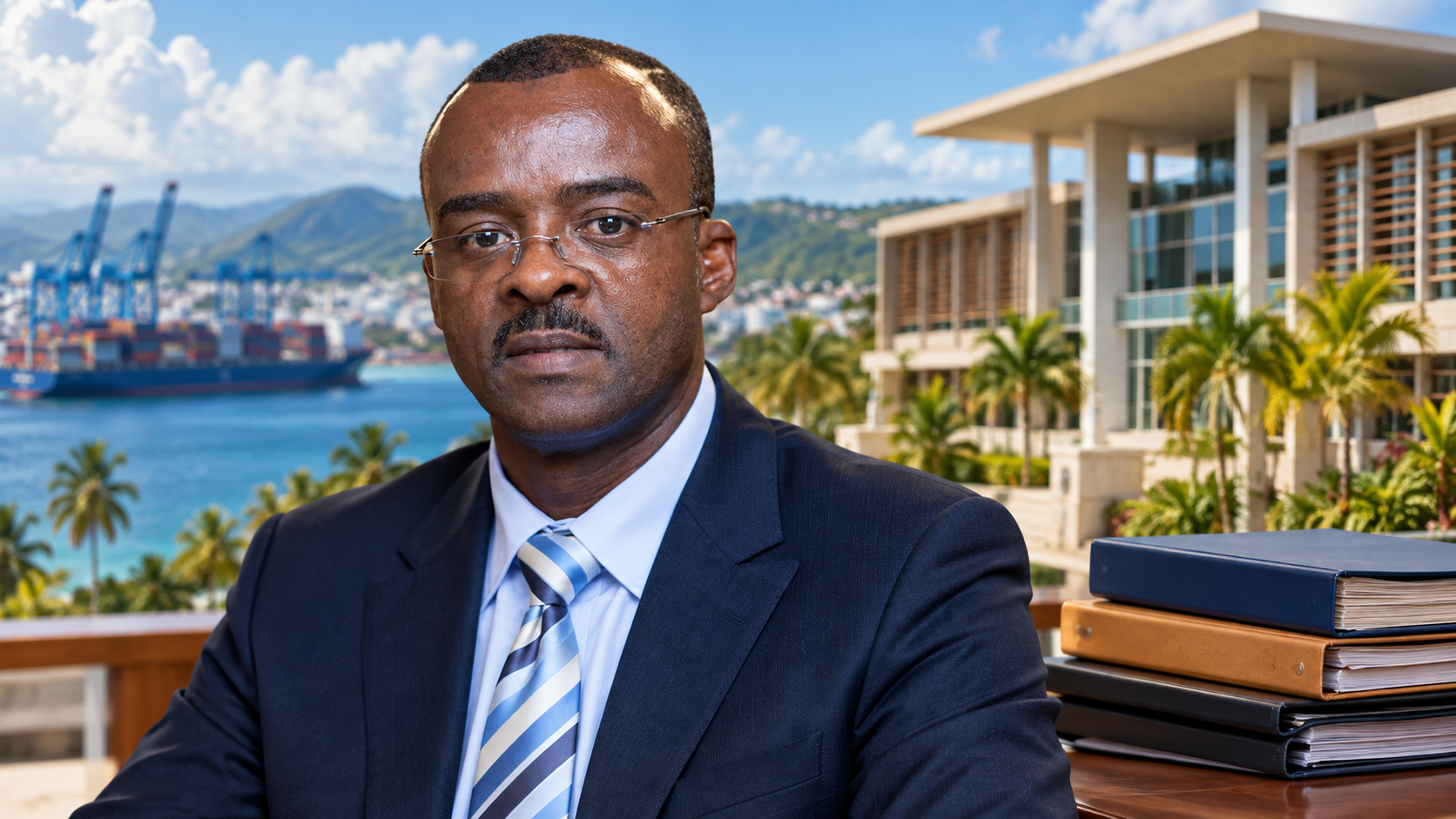 Portrait conceptuel d’Ary Chalus devant un bâtiment administratif guadeloupéen et un port commercial, avec des dossiers fermés.
