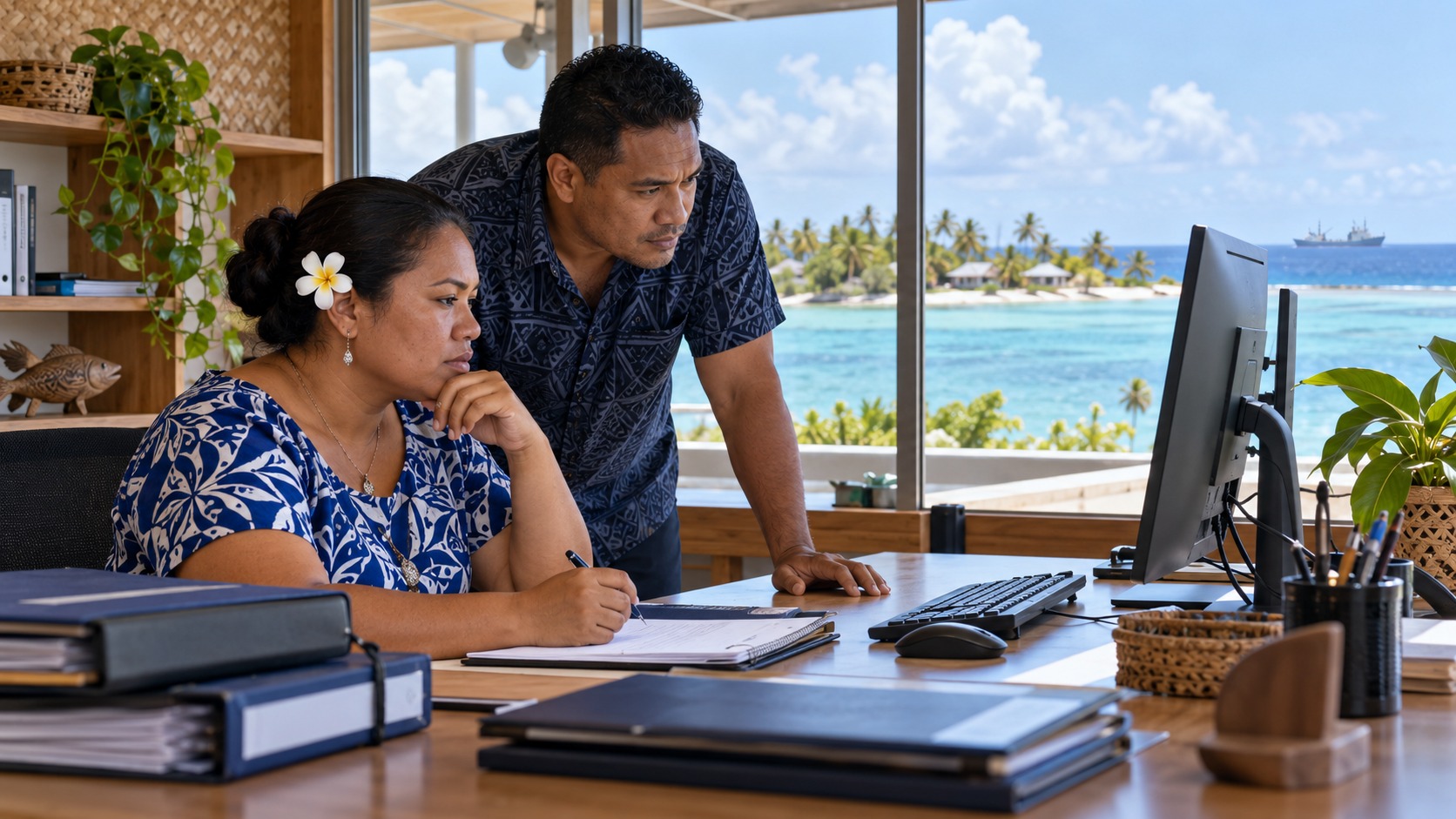 Scène fictive à Tokelau : une responsable et son collègue examinent des dossiers de gestion des pêches dans un bureau face au lagon.